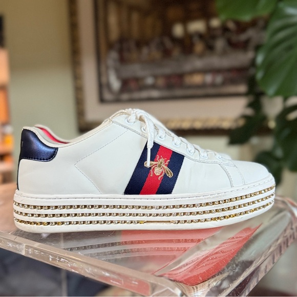 GUCCI Calfskin Crystal Web Bee Womens Ace Platform Sneakers 39 White - Picture 1 of 15